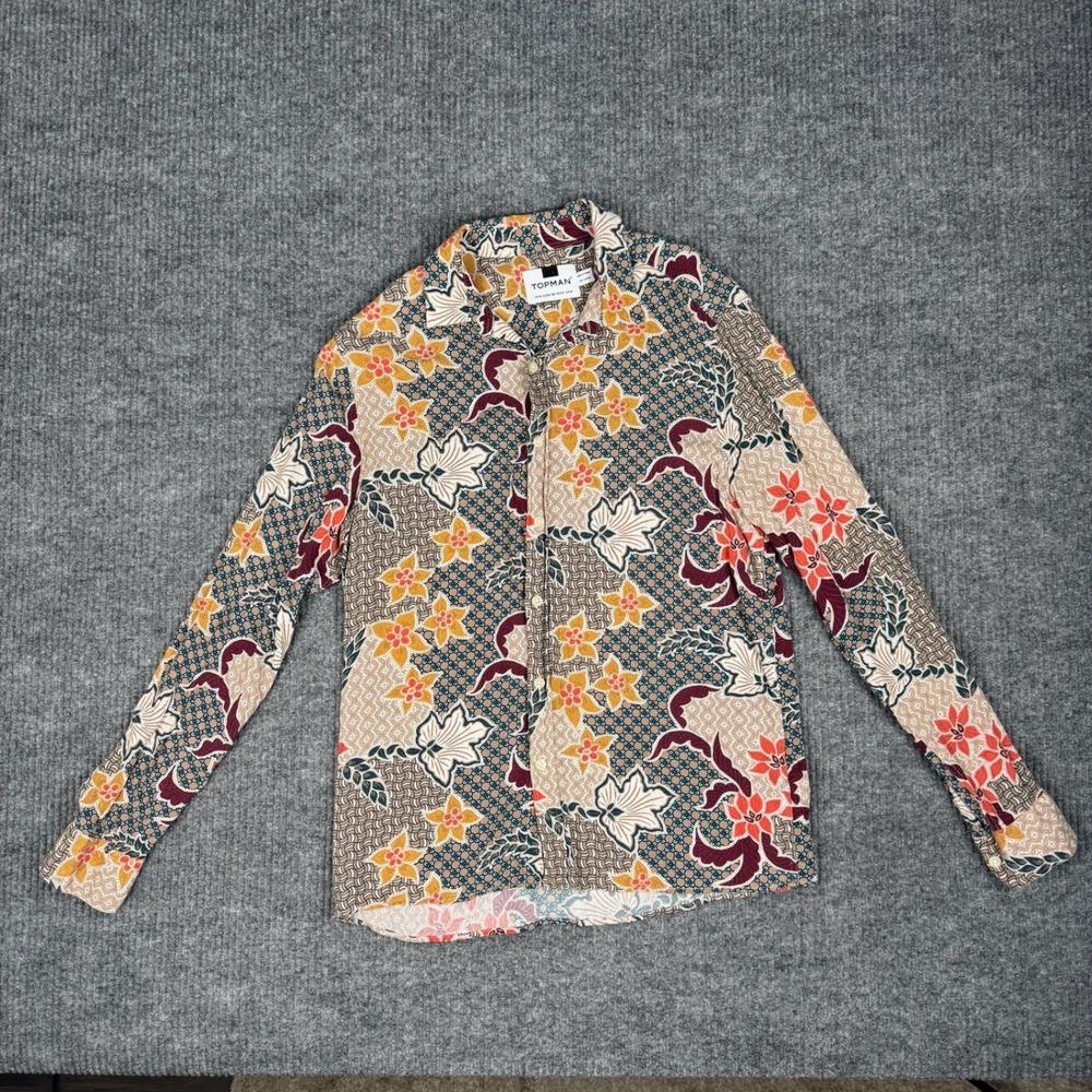 Topman Button Up Shirt Mens M Batik Floral Patchwork Viscose Long Sleeve Boho